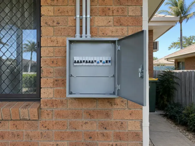 Open external switchboard on a brick house wall beside a window in Mermaid Beach
